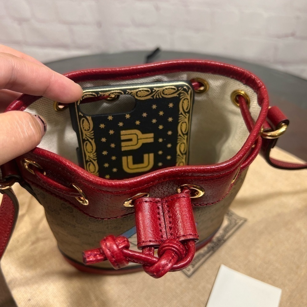 GUCCI X DORAEMON Mini Vintage GG Supreme Monogram Bucket Bag Beige Cherry NWT - Picture 3 of 16
